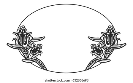 Black and white oval frame with floral silhouettes. Copy space. Vector clip art.