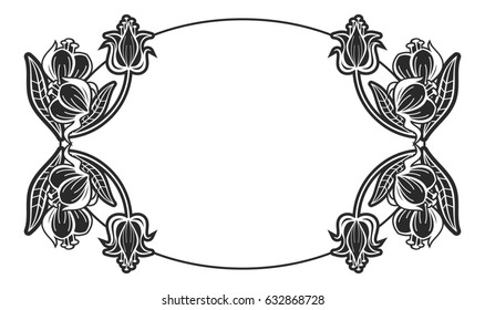 Black and white oval frame with floral silhouettes. Copy space. Vector clip art.