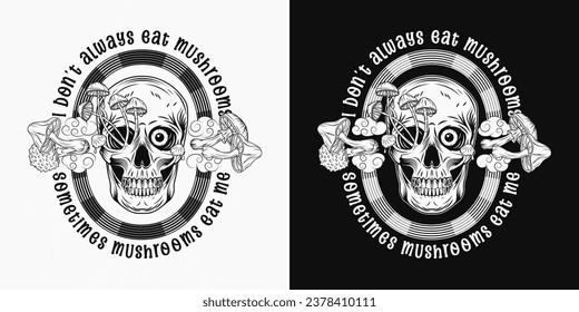 Black and white oval label with human skull, mushrooms, text, psychedelic rainbow. Crazy mad skull with single eye and growing through skull mushrooms. Concept of madness. Vintage style.