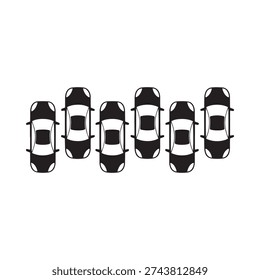 A black and white overhead view depicts six identical cars parked in a linear arrangement high quality
