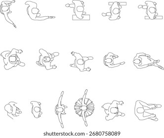 A black and white overhead view vector set of people in various poses and activities, with clear outlines.