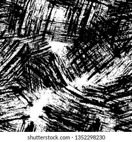 Black and White Overlay Dry Brush Seamless Pattern. Cracked Strokes Texture. Grungy Drawing Pattern. Rusty Surface Background.