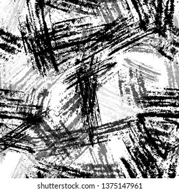 Black and White Overlay Dry Brush Seamless Pattern. Cracked Strokes Texture. Grunge brushstrokes Pattern. Sporty Clothes Background.