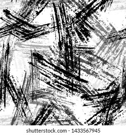 Black and White Overlay Dry Brush Seamless Pattern. Messy Strokes Texture. Abstract Watercolor Paint Pattern. Bohemian Print Background.