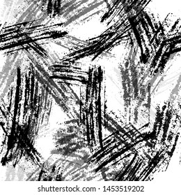 Black and White Overlay Dry Brush Seamless Pattern. Messy Strokes Texture. Abstract Watercolor Paint Pattern. Bohemian Print Background.