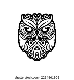 ﻿Tattoo of black  white owl adorned with Polynesian designs.