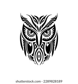﻿A black and white owl adorned with Polynesian designs.