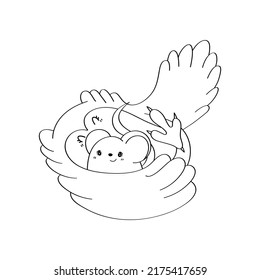 Black And White Owl Clipart In Cute Cartoon Style Beautiful Clip Art Coloring Page Owl With Mouse. Vector Illustration Of A Bird For Prints For Clothes, Stickers, Textile, Baby Shower Invitation. 