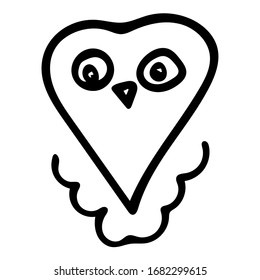 Black And White Owl Doodle Sketch. Hand-Drawn Isolated Illustration On White Background. Owl For Kid Coloring Book, Coloring Page, Design, Holiday, Valentine day And Birthday Card.