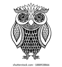 Black and white owl illustration on simple white background