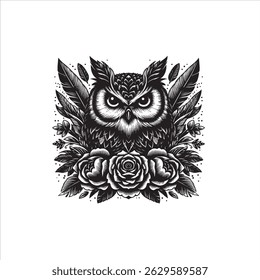 Black and white owl illustration with roses and feathers design art