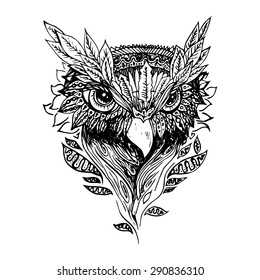 Black and white owl isolated. Engraving sketch. Abstract vector bird with leaves. Print for t-shirt. Wild things.