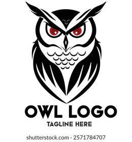 Black and white owl logo with red eye.