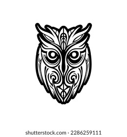 ﻿Tattoo of a black and white owl with Polynesian designs.