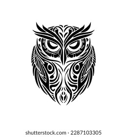 ﻿A black and white owl with Polynesian designs tattooed on it.
