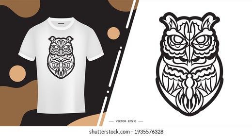 Black and white Owl print in boho style. Good for clothing and textiles. Vector illustration.