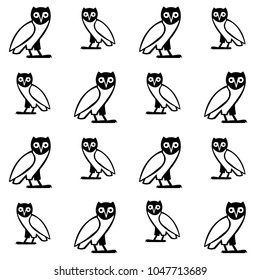 Black and white owl repeating pattern. Drawn vector background with popgun doodle for wallpapers, wrapping paper, book, textile or fabric print. Drawn animal artwork with night bird silhouette.