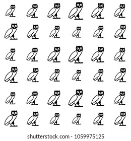 Black and white owl repeating pattern. Drawn vector background with popgun doodle for wallpapers, wrapping paper, book, textile or fabric print. Drawn animal artwork with night bird silhouette.