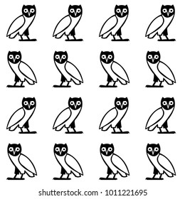 Black and white owl seamless pattern. Drawn vector background with popgun doodle for wallpapers, wrapping paper, book, textile or fabric print. Drawn animal artwork with night bird silhouette.