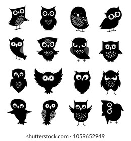 Black and white owl silhouettes set. Owl bird animal, black white owlet illustration