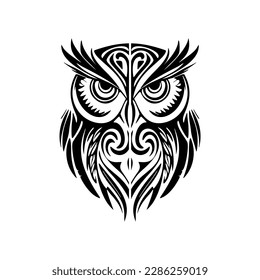 ﻿A black and white owl tattoo adorned with Polynesian designs.