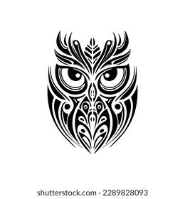 ﻿A black and white owl tattoo adorned with Polynesian designs.
