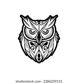 ﻿A black and white owl tattoo featuring Polynesian-inspired designs.