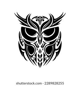 ﻿A black and white owl tattoo featuring Polynesian inspired designs.