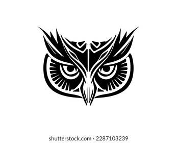 ﻿A black and white owl tattoo with Polynesian designs on its face.