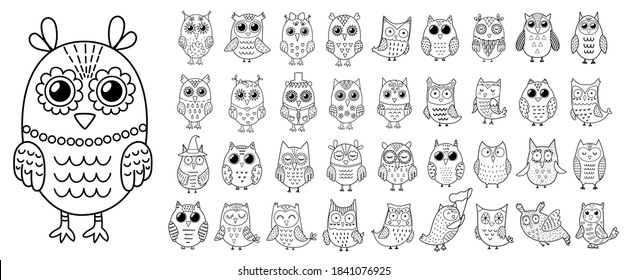 Black and white owls clipart set. Cute outline bird characters bundle for coloring book. Forest owls collection. Vector illustration