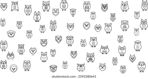 Black and white owls clipart set. Cute outline bird characters bundle for coloring book