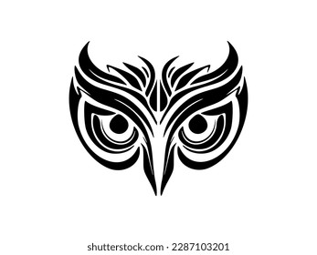 Tattoo of a black  white owl's face with Polynesian designs.