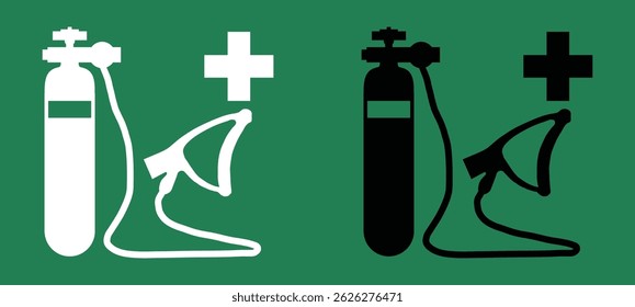 Black and white oxygen cylinder and mask icons with medical cross on green background. Flat vector style suitable for healthcare, emergency, or safety signage.
