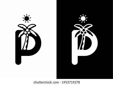 Black and white of P initial letter with coconut tree design