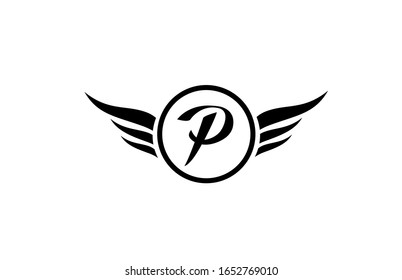 icono del logotipo de la letra del alfabeto con alas P en blanco y negro con círculo para el diseño y los negocios de la empresa. Adecuado para un logotipo
