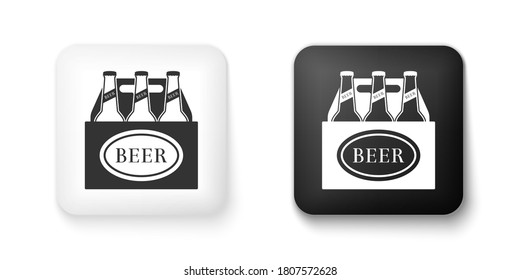 Paquete blanco y negro de botellas de cerveza icono aislado en fondo blanco. Cartel de la caja de cerveza del cajón. Botón cuadrado. Vector.