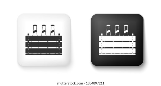 Black and white Pack of beer bottles icon isolated on white background. Wooden box and beer bottles. Case crate beer box sign. Square button. Vector.
