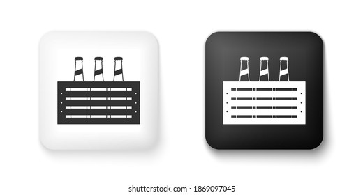 Black and white Pack of beer bottles icon isolated on white background. Wooden box and beer bottles. Case crate beer box sign. Square button. Vector.