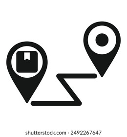 Black and white package delivery route icon with map location vector for navigation, shipping, and tracking in logistics and transportation services