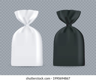 Black and white packages with clip. Vector 3d realistic. Mockup. Blank template. Plastic or cellophane bag packaging for various products. Ready for your design. EPS10. 