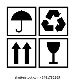 Black and white packaging cargo symbols for cardboard or wooden boxes. Protection from moisture, environmental friendliness, fragility of cargo. Vector illustration.