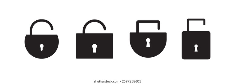 Black and white padlock icon set on a white background. Set of lock icons. Close and open lock icons. locked and unlocked icons vector.
