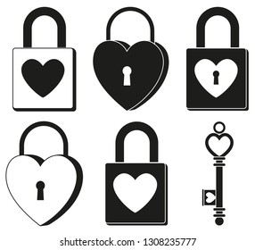 Black and white padlock ornate key silhouette set. Vintage love and wedding symbols. Valentine day themed vector illustration for icon, stamp, label, brochure, gift card, poster or banner decoration