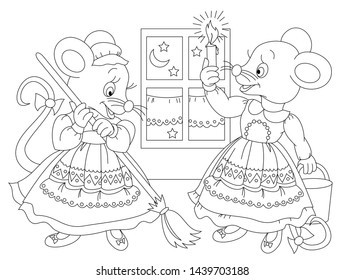 Black and white page for baby coloring book. Drawing of two cute mice cleaning their house. Printable template for kids. Worksheet for children and adults. Hand-drawn vector image.