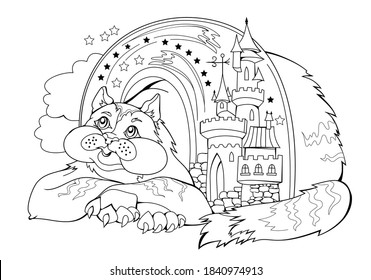 Black and white page for baby coloring book. Illustration of cute dreamy fairyland cat. Printable template for kids fairy tale. Worksheet with zen-tangle pattern for children and adults.