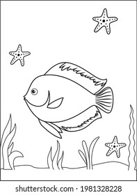 Black and white page for baby coloring book. Illustration of cute fishes swimming underwater. Printable template for kids. Worksheet for children and adults. Hand-drawn vector image