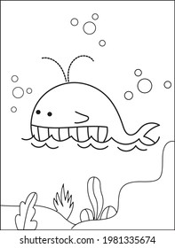 Black and white page for baby coloring book. Illustration of cute fishes swimming underwater. Printable template for kids. Worksheet for children and adults. Hand-drawn vector image.