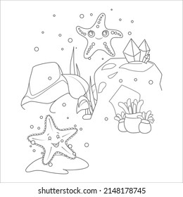 Black and white page for baby coloring book. Illustration of cute fishes swimming underwater. Printable  for kids. Worksheet for children and adults. Hand-drawn vector image. Fish coloring pages.