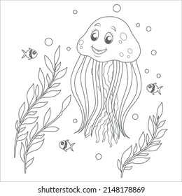 Black and white page for baby coloring book. Illustration of cute fishes swimming underwater. Printable  for kids. Worksheet for children and adults. Hand-drawn vector image. Fish coloring pages.