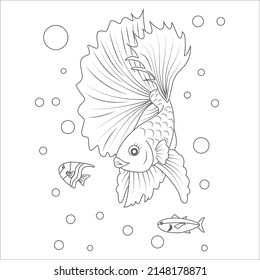 Black and white page for baby coloring book. Illustration of cute fishes swimming underwater. Printable  for kids. Worksheet for children and adults. Hand-drawn vector image. Fish coloring pages.